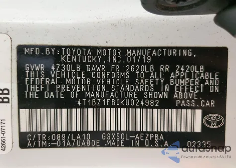 2019 Toyota Avalon Xle из США, поврежденный, VIN 4T1BZ1FB0KU024982